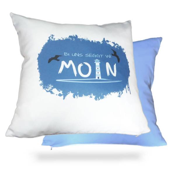 Maritimes Kissen 40x40cm mit Moin-Motiv im Dialekt | Rückseite einfarbig blau