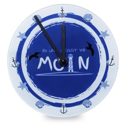 Kleine maritime Wanduhr ‘Bi uns seggt wi Moin’ mit Leuchtturm und Möwen