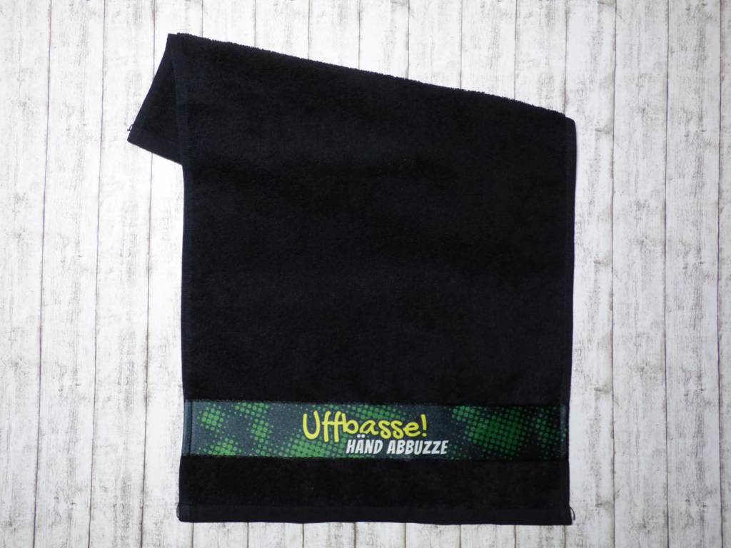 Handtuch 30x50 schwarz mit lustigem Spruch auf Pfälzisch Fördeblau