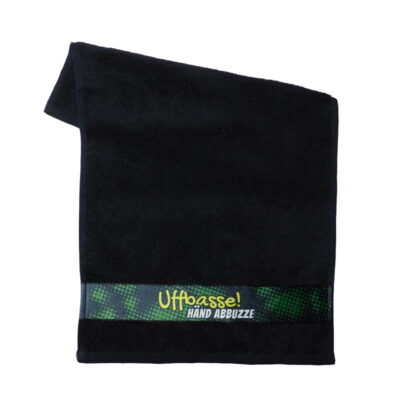 Kleines Frottee Gästehandtuch 30x50cm in Schwarz mit pfälzischem Spruch