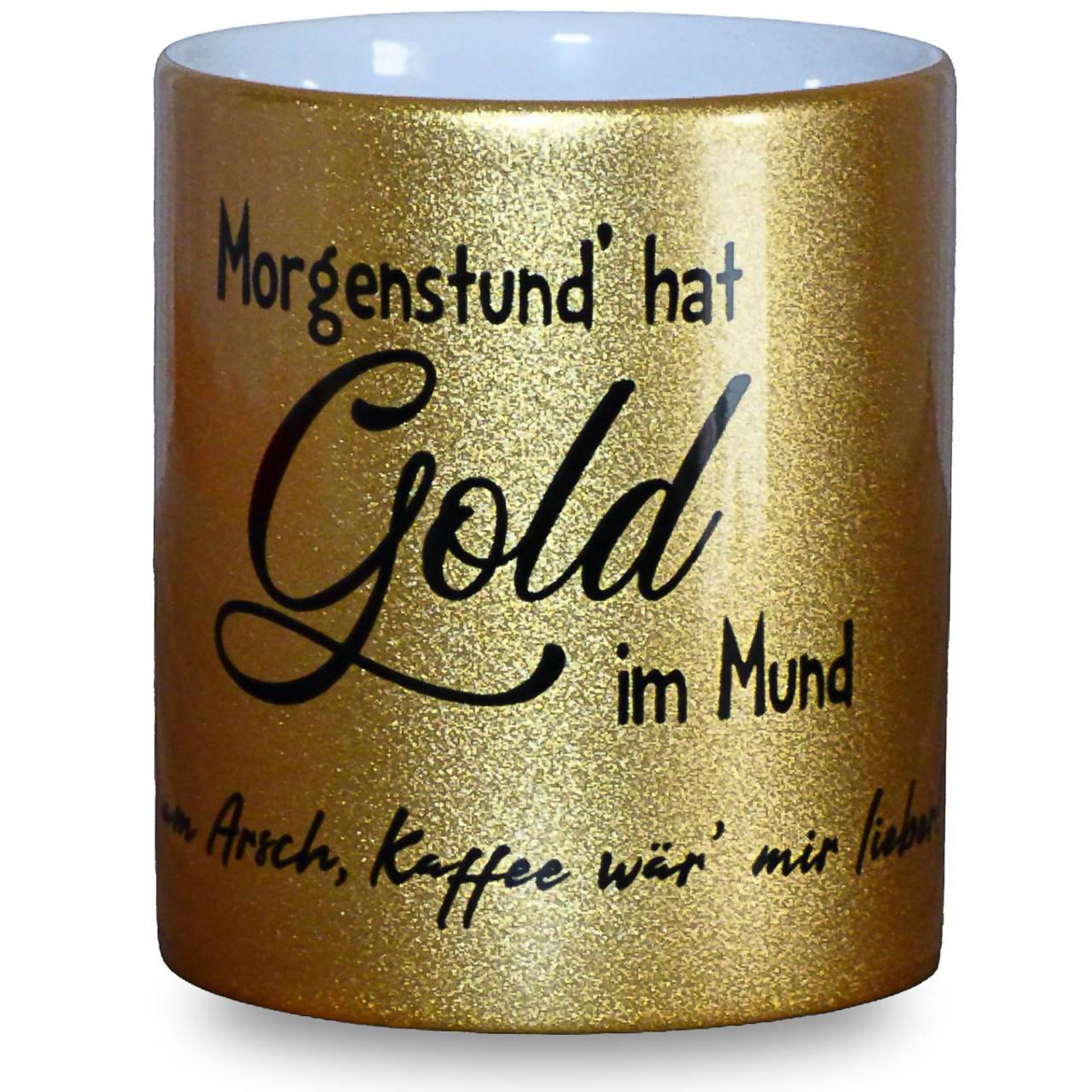 Kaffeebecher in Gold Metallic Glitzer mit lustigem Spruch