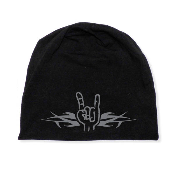 Schwarze Beanie Mütze für Damen und Herren mit Metal Hand | Pommesgabel und Tribal