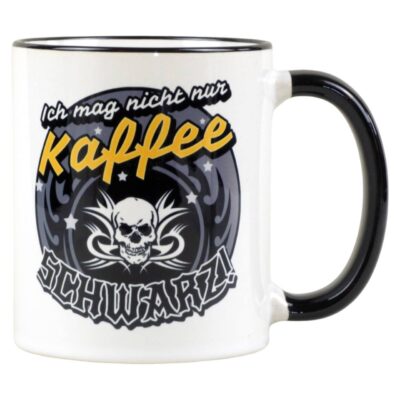 Humorvolle Spruchtasse ‘ich mag nicht nur Kaffee schwarz’ im Totenkopf-Design