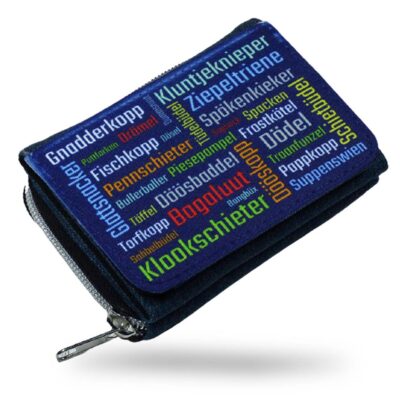 Maritim blaues Portemonnaie mit plattdeutschen Schimpfwörtern als Motiv bedruckt