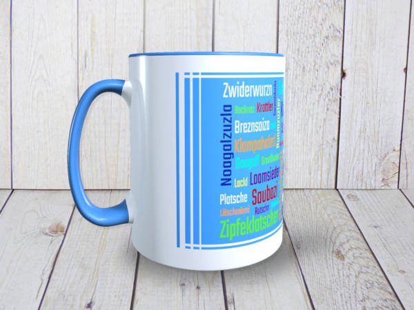Lustige Tasse aus Keramik mit Bayrischen Schimpfwörtern im Dialekt bedruckt