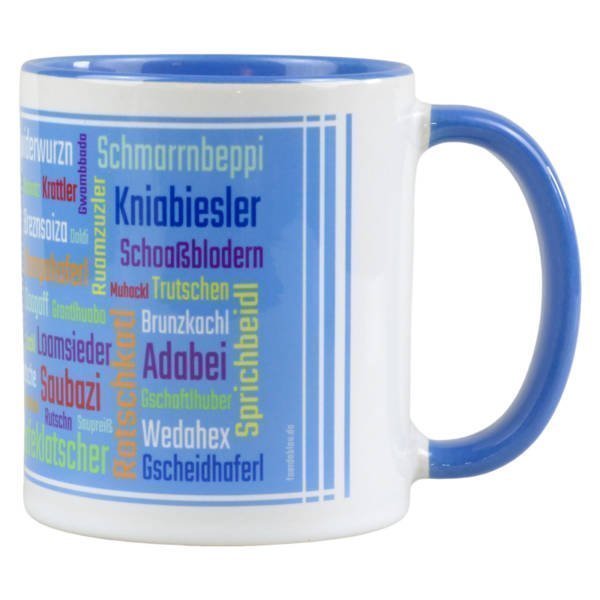 Lustige Tasse aus Keramik mit bayrischen Schimpfwörtern im Dialekt bedruckt