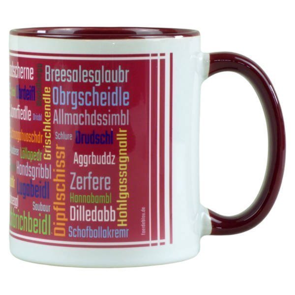 Lustige Tasse aus Keramik mit schwäbischen Schimpfwörtern im Dialekt bedruckt