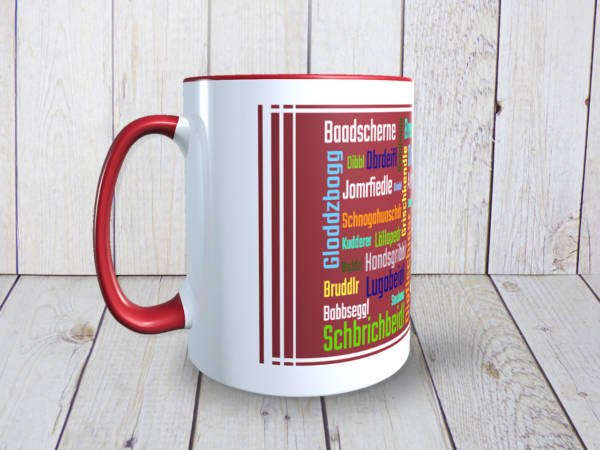 Lustige Tasse aus Keramik mit schwäbischen Schimpfwörtern im Dialekt bedruckt