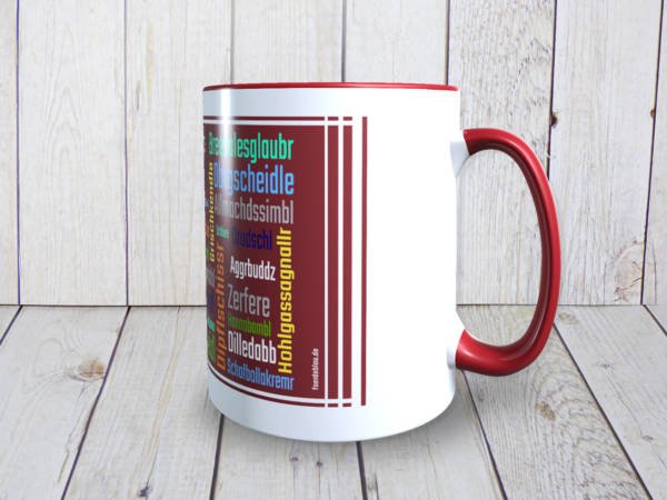 Lustige Tasse aus Keramik mit schwäbischen Schimpfwörtern im Dialekt bedruckt