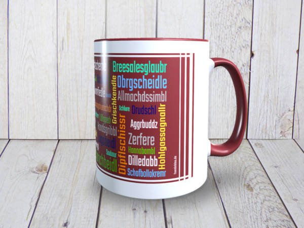 Lustige Tasse aus Keramik mit schwäbischen Schimpfwörtern im Dialekt bedruckt