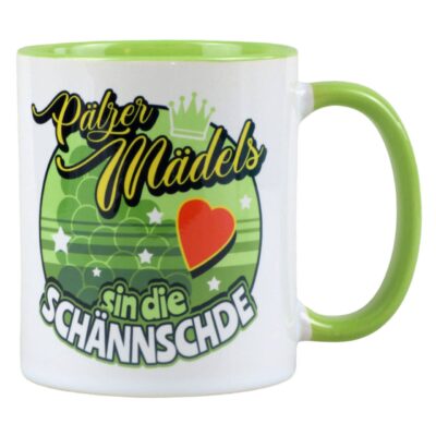 Lustiger Kaffeebecher für Pfälzer Mädels mit Spruch im Dialekt ‘Pälzer Mädels sin die Schäänschde’
