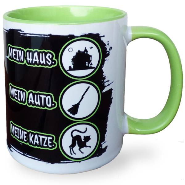 Lustige Tasse aus Keramik mit Spruch ‚Mein Haus. Mein Auto. Meine Katze‘