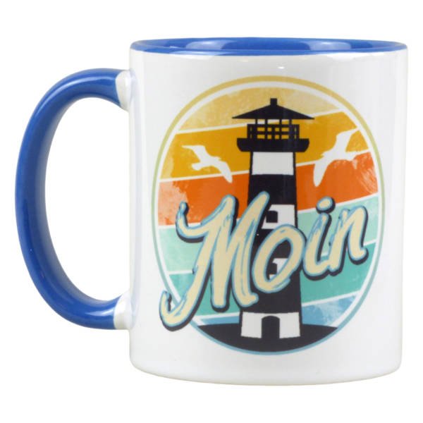 Maritime Motivtasse mit Moin, Leuchtturm und Möwe im Vintage Look