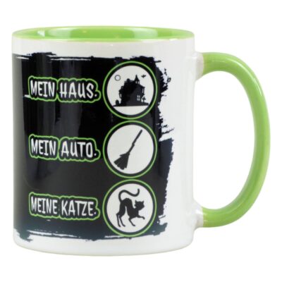 Lustige Tasse aus Keramik mit Spruch ‘Mein Haus. Mein Auto. Meine Katze’