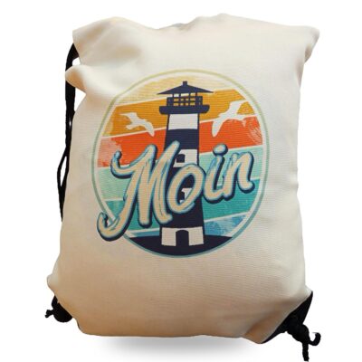 Maritimer Turnbeutel mit Moin Schrift und Leuchtturm in Leinen-Optik