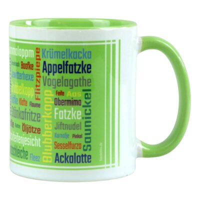 Lustiger Kaffeebecher aus Keramik mit Schimpfwörtern auf Berlinerisch