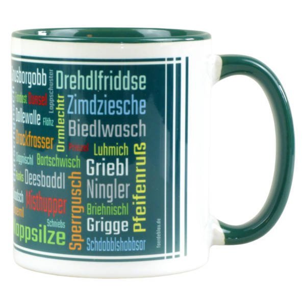 Lustige Tasse aus Keramik mit sächsischen Schimpfwörtern im Dialekt bedruckt
