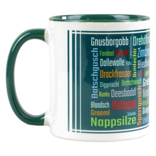 Kaffeetasse im sächsischen Dialekt mit Schimpfwörtern