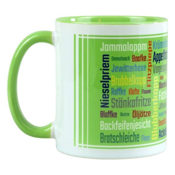 Kaffeetasse mit lustigen Schimpfwörtern im Berliner Dialekt