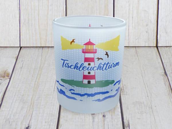 Kleiner Glas Teelichthalter 'Tischleuchtturm' mit maritimem Motiv