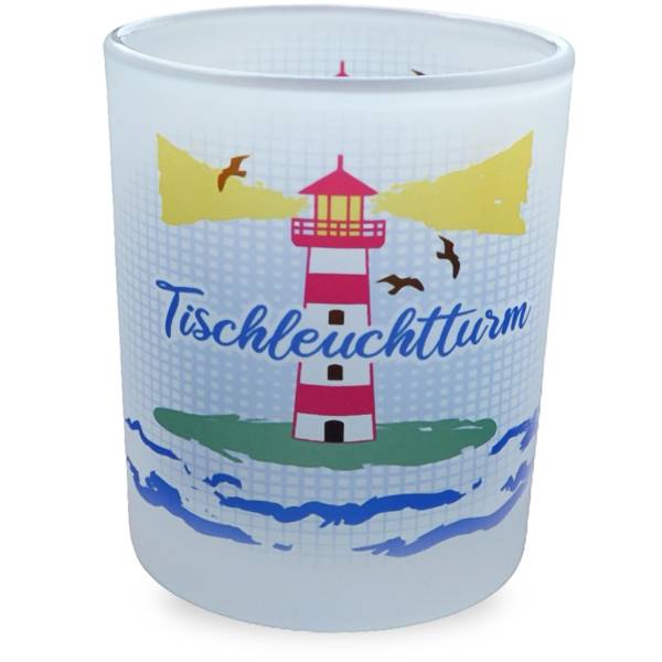 Kleiner Glas Teelichthalter ‚Tischleuchtturm‘ mit maritimem Motiv