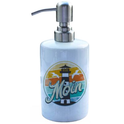 Großer Seifenbehälter ‘Moin’ – bunt und maritim bedruckt aus Keramik