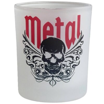 Kleiner Glas Heavy Metal Teelichthalter mit Totenkopf und Tribal