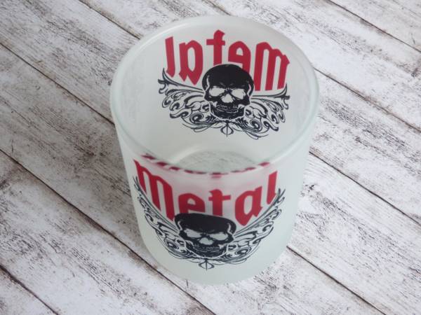 Kleiner Glas Heavy Metal Teelichthalter mit Totenkopf und Tribal