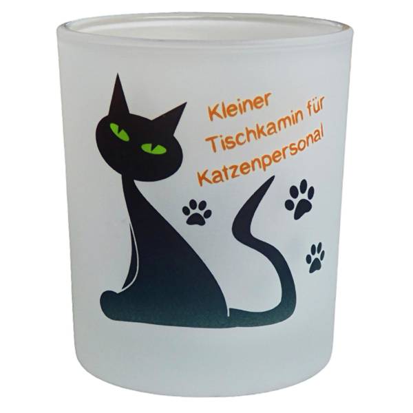 Teelichtglas mit lustigem Katzen-Motiv als Tisch-Deko für Katzenpersonal