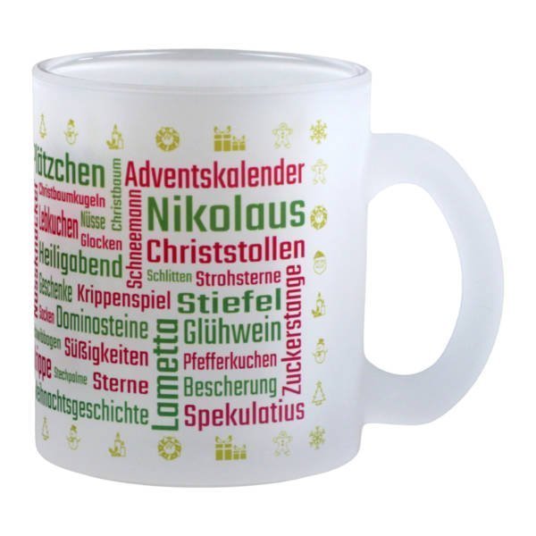 Weihnachtstasse aus Glas satiniert (gefrostet) mit weihnachtlicher Wortwolke