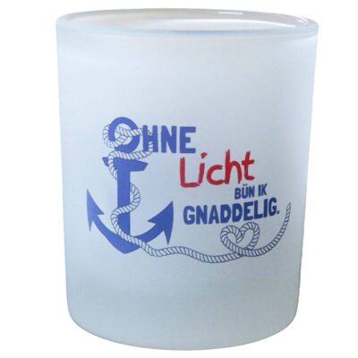Teelichtglas mit Anker-Motiv und Spruch auf Plattdeutsch