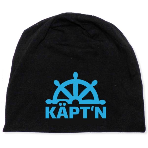 Schwarzes Beanie mit Steuerrad und ‚Käpt’n‘ maritim bedruckt