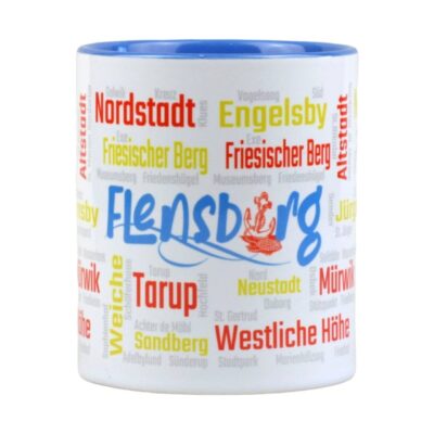 Kaffeebecher mit Flensburg Logo und Stadtteilen in den Flensburg Farben