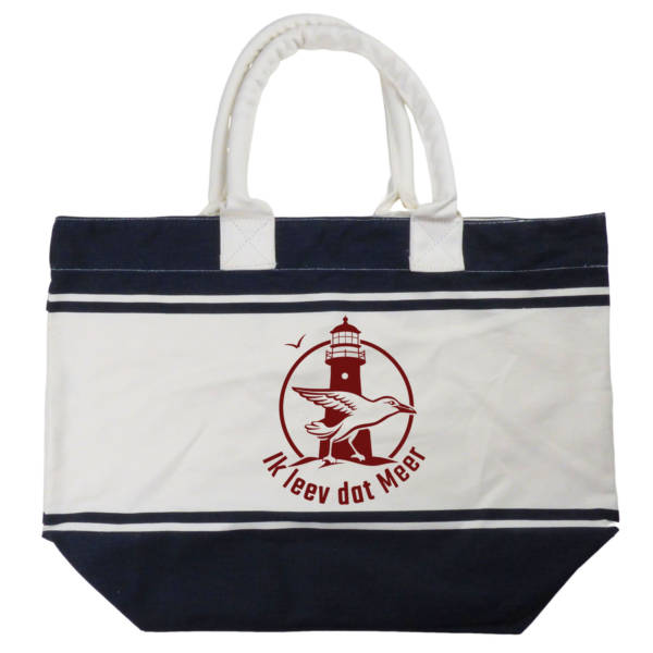 Maritime Strandtasche ‚Ik leev dat Meer‘ mit Leuchtturm-Design, 53 x 36 x 19cm