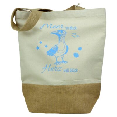 Jute Canvas Tasche mit Möwe und Spruch ‘Meer im Blick, Herz voll Glück | Jutetasche | Maritimes Geschenk – Hellblau