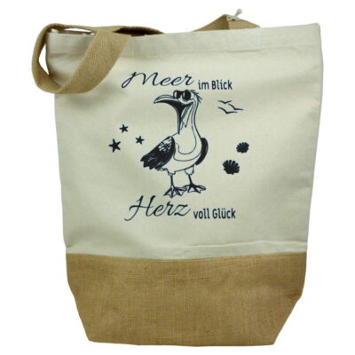 Jute Canvas Tasche mit Möwe und Spruch ‘Meer im Blick, Herz voll Glück | Jutetasche | Maritimes Geschenk