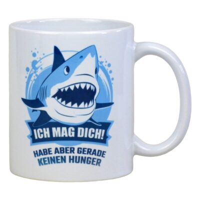 Lustige Keramiktasse mit Hai-Motiv und Spruch ‘Ich mag dich, habe aber gerade keinen Hunger’