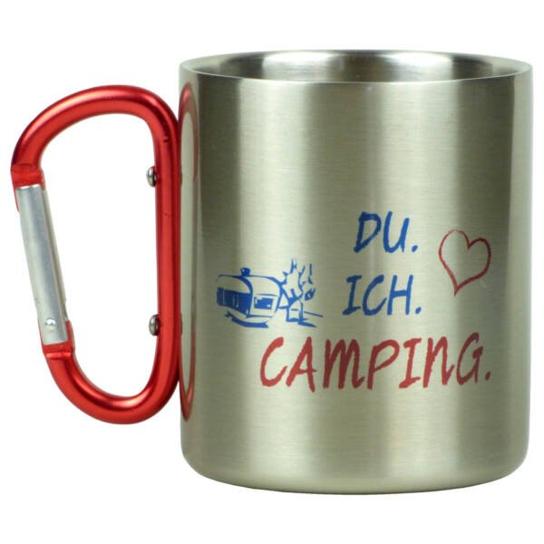 Edelstahl Tasse mit Campingmotiv und Karabiner