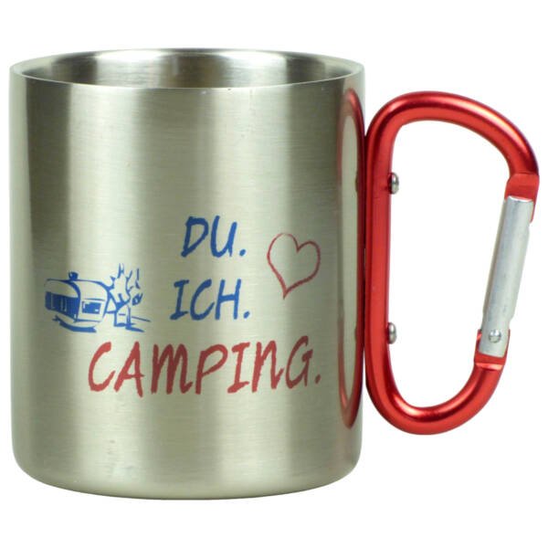 Karabinertasse doppelwandig mit Campingmotiv aus Edelstahl