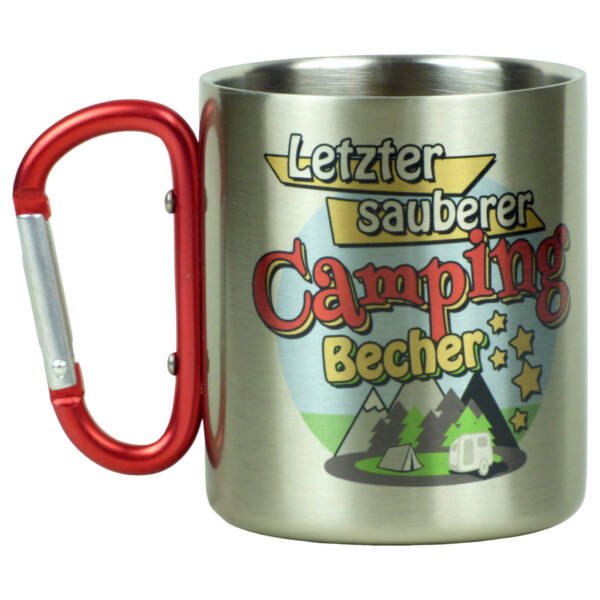 Edelstahlbecher mit Karabiner und Campingmotiv