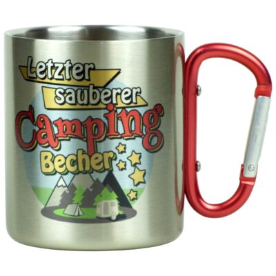 Edelstahltasse doppelwandig mit Campingmotiv und Karabiner