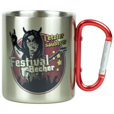 Doppelwandiger Edelstahlbecher mit Karabiner und Heavy Metal Festival Motiv