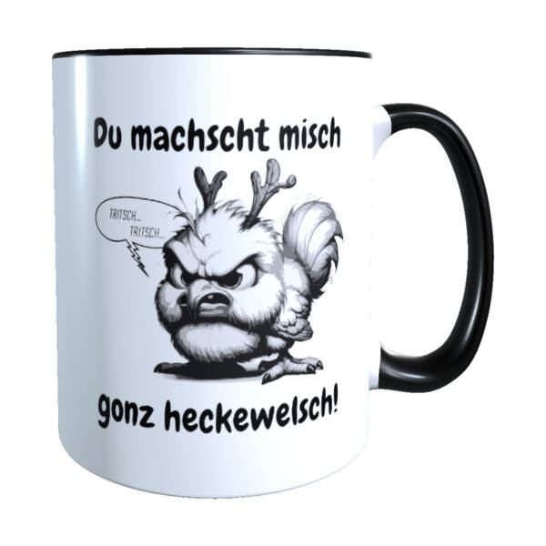 Elwedritsche Kaffeebecher mit Spruch auf Pfälzisch 'Du machscht misch gonz heckewelsch'