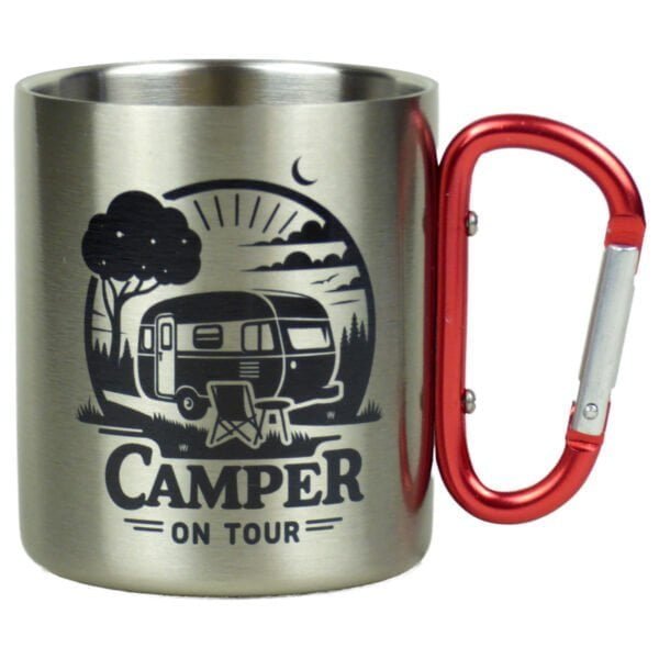 Edelstahl-Tasse mit Karabinergriff ‚Camper on tour‘ – Outdoor-Becher für Reise und Camping, 330ml
