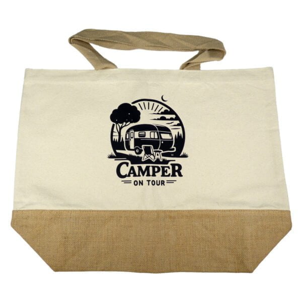 Camping Jute Canvas Tasche bedruckt mit Spruch Camper on Tour