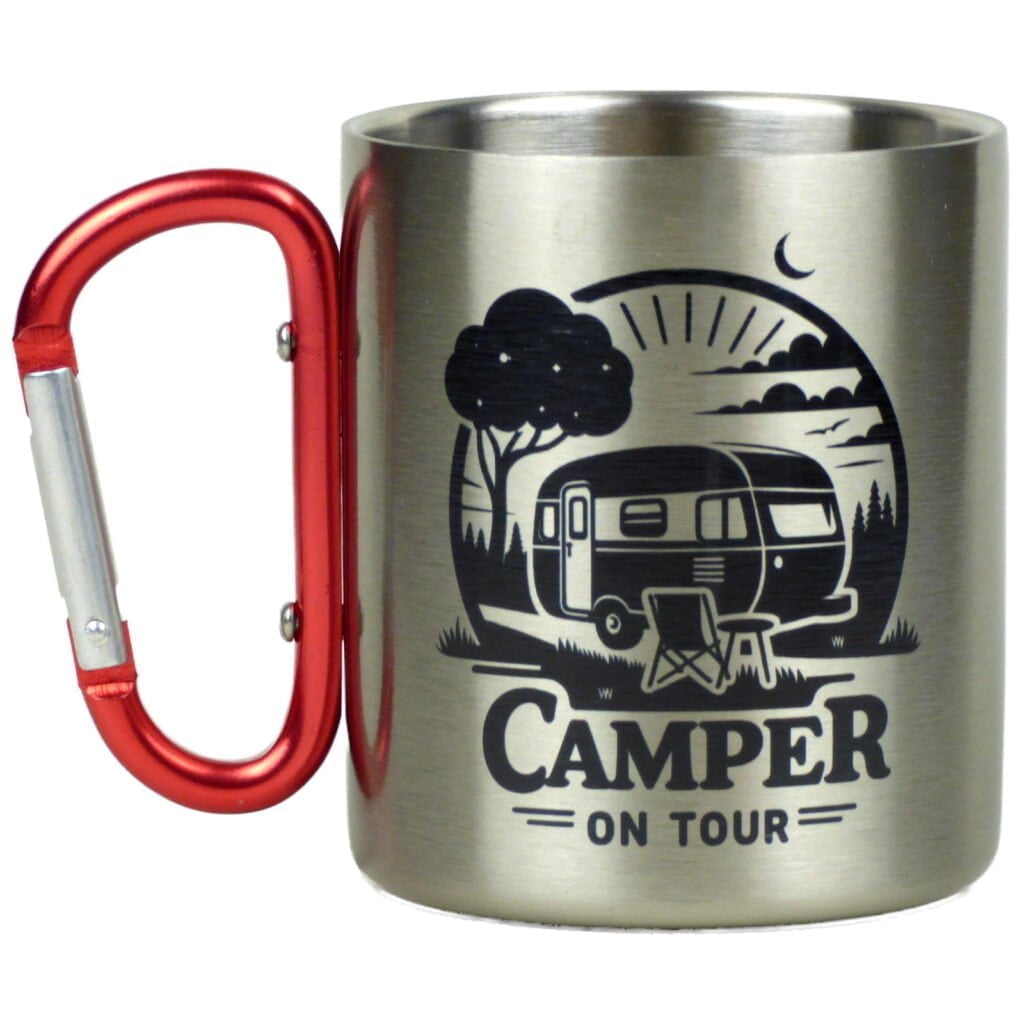 Edelstahl-Tasse mit Karabinergriff 'Camper on tour' - Fördeblau