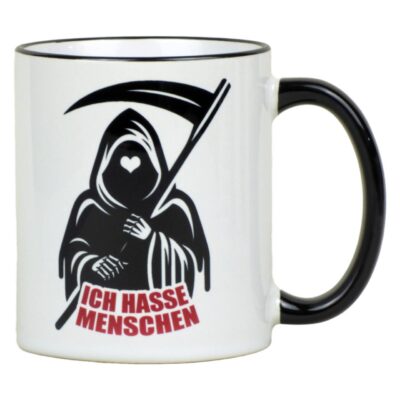 Keramik Tasse mit Spruch – ‘Ich hasse Menschen’ – Sensenmann Motiv