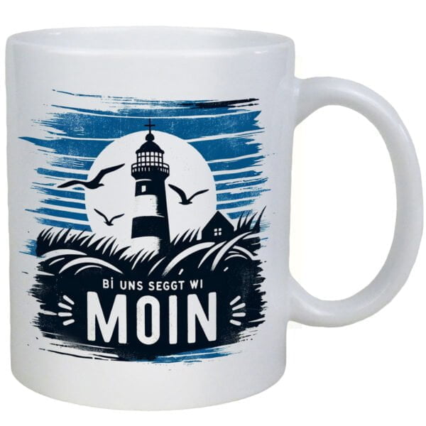 Keramiktasse – Maritimes Design mit Leuchtturm, ‘Bi uns seggt wi Moin’, 330ml