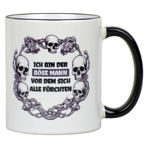 Totenkopf Tasse mit Spruch ‚Ich bin der böse Mann…‘ – Gruselige Kaffeetasse, 330ml, Keramik, für Halloween & Horrorfans
