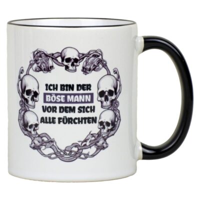 Totenkopf Tasse mit Spruch ‘Ich bin der böse Mann…’ – Gruselige Kaffeetasse, 330ml, Keramik, für Halloween & Horrorfans